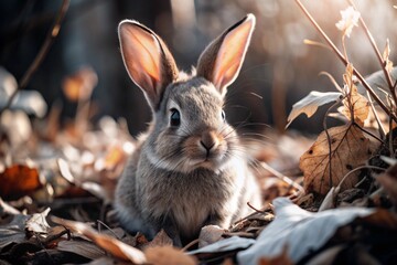 Fototapeta premium A cute gray bunny sitting among the autumn foliage. Animal hunting.