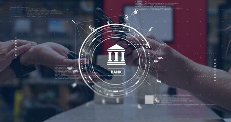 Image of bank sign, network and data processing over caucasian man paying with smartphone