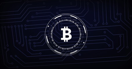 Image of bitcoin sign, circuit board and data processing over black background