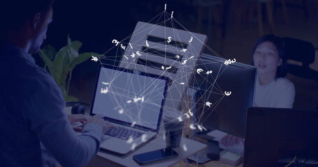 Image of currency signs, network and data processing over caucasian man using laptop