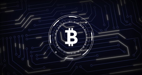 Image of bitcoin sign, circuit board and data processing over black background
