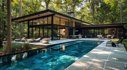 Fototapeta premium Concept de vacances de luxe. Extérieur d'une grande maison d'architecte design et moderne en bois, des grandes fenêtres et une piscine.