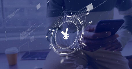 Image of yen sign, network and data processing over caucasian man using smartphone