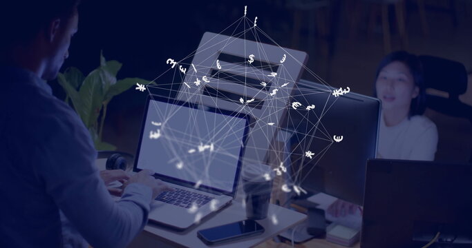 Image of currency signs, network and data processing over caucasian man using laptop