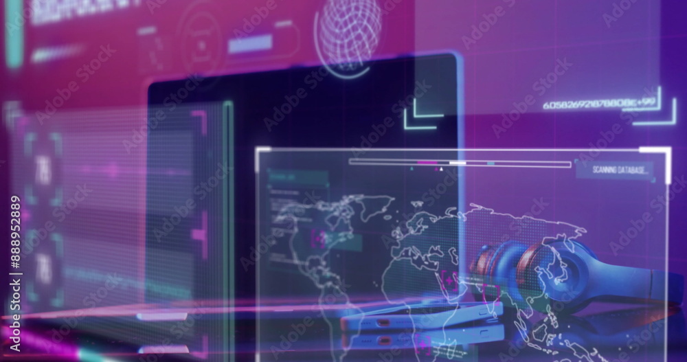 Poster image of screens with data processing over laptop