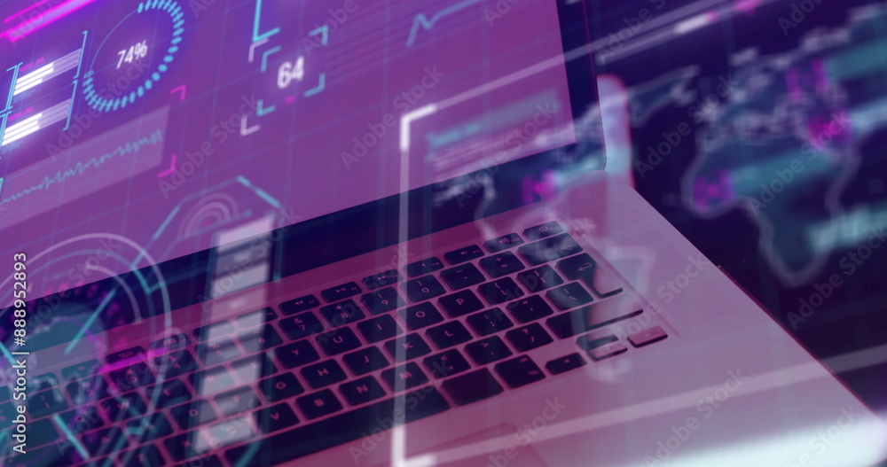 Poster image of screens with data processing over laptop
