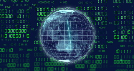 Image of binary coding data processing over globe