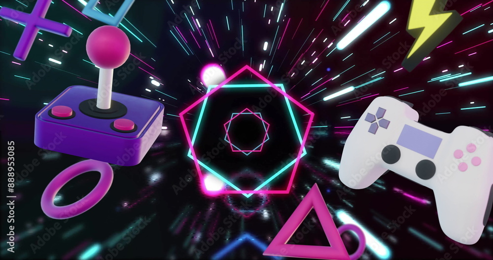 Poster image of game controllers and icons over neon hexagons and lights on black background