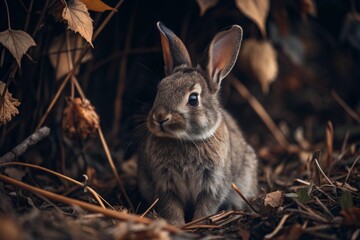 Fototapeta premium A cute gray bunny sitting among the autumn foliage. Animal hunting.
