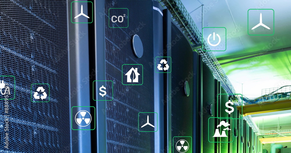Poster image of eco icons and data processing over computer servers