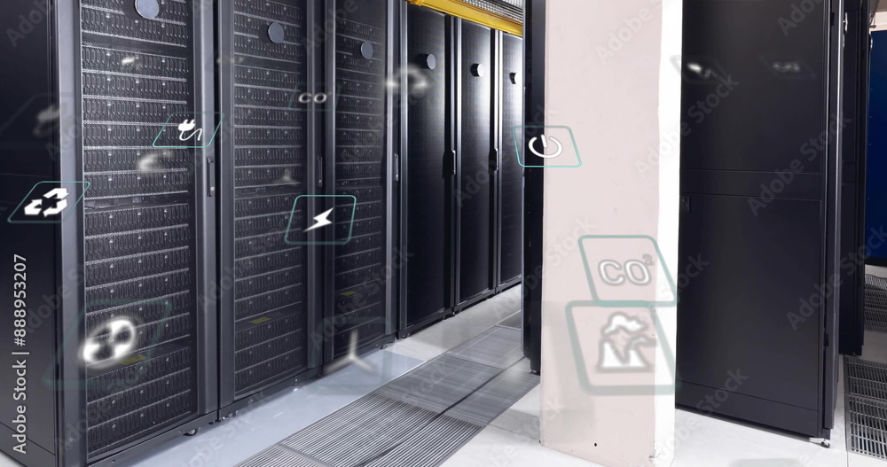 Poster image of eco icons and data processing over computer servers