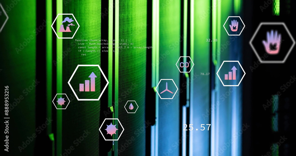 Poster image of eco icons and data processing over computer servers