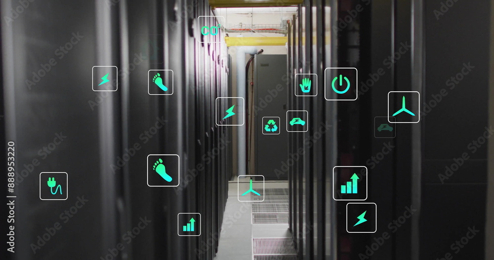 Poster image of eco icons and data processing over computer servers