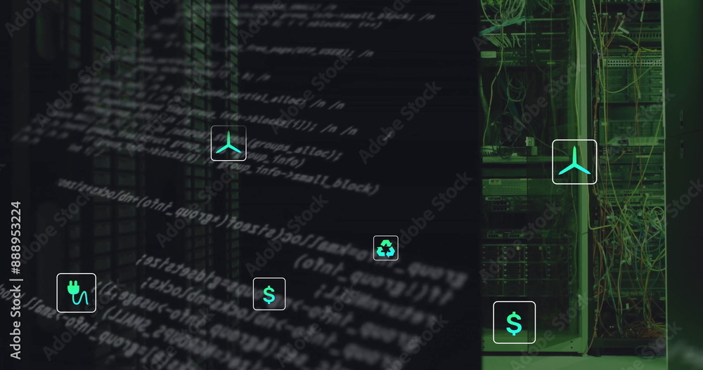 Poster image of eco icons and data processing over computer servers