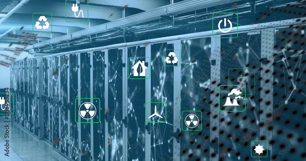 Poster image of eco icons and data processing over computer servers
