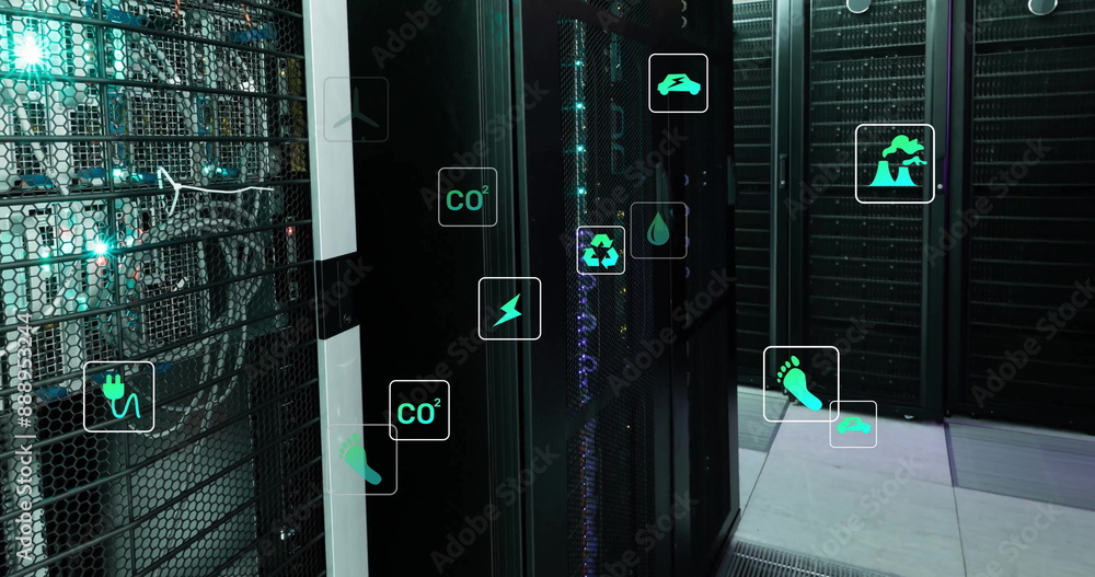 Poster image of eco icons and data processing over computer servers
