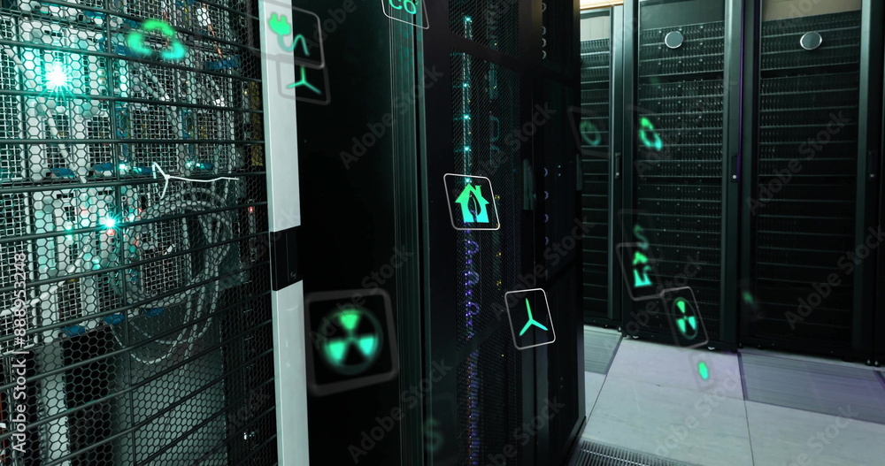 Poster image of eco icons and data processing over computer servers