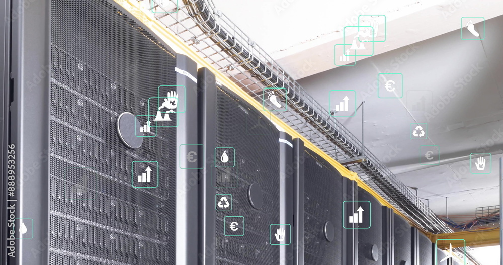 Poster image of eco icons and data processing over computer servers