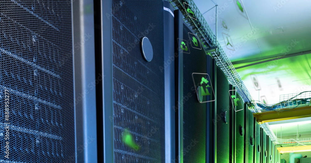 Poster image of eco icons and data processing over computer servers