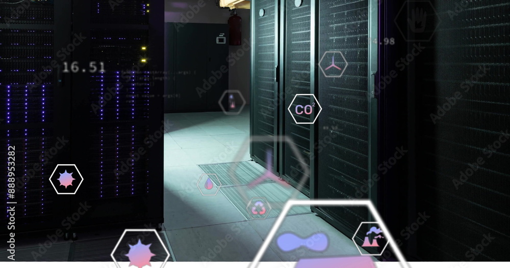 Poster image of eco icons and data processing over computer servers