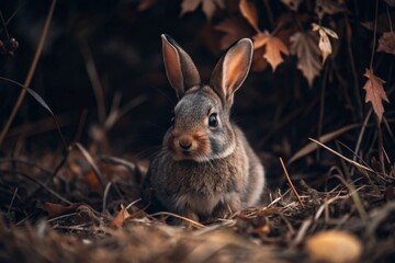 Fototapeta premium A cute gray bunny sitting among the autumn foliage. Animal hunting.