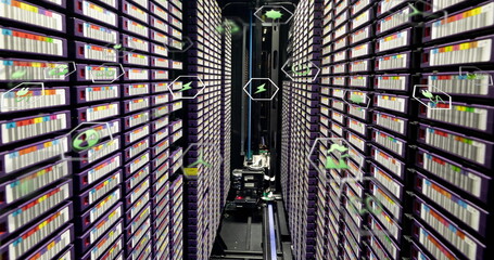 Image of eco icons and data processing over computer servers