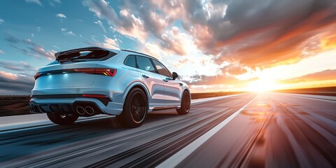 Une voiture de couleur blanche roulant à grande vitesse sur une route dans un paysage désertique, coucher de soleil en arrière-plan, image avec espace pour texte.