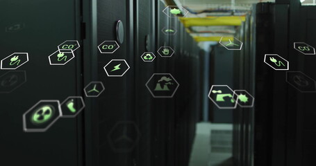 Image of eco icons and data processing over computer servers