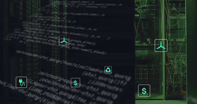 Image of eco icons and data processing over computer servers