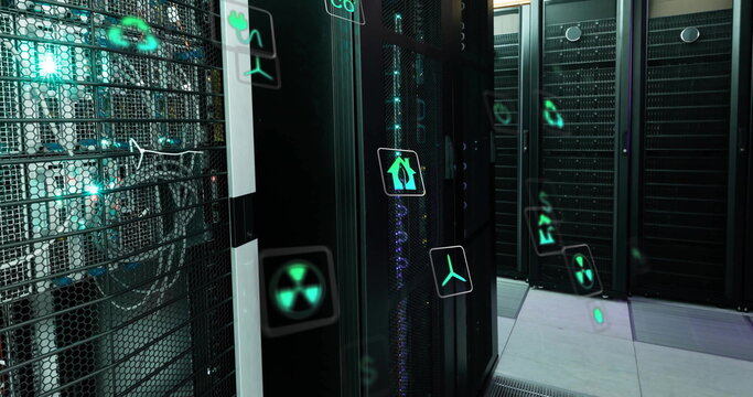 Image of eco icons and data processing over computer servers
