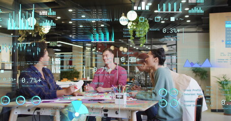 Image of financial data processing over diverse business people in office