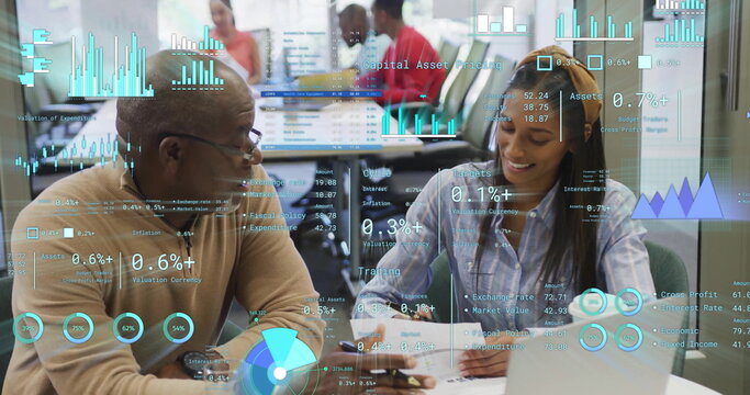 Image of financial data processing over diverse business people in office