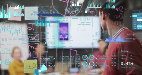 Image of financial data processing over diverse business people in office