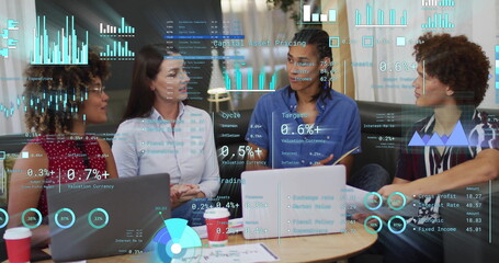Image of financial data processing over diverse business people in office