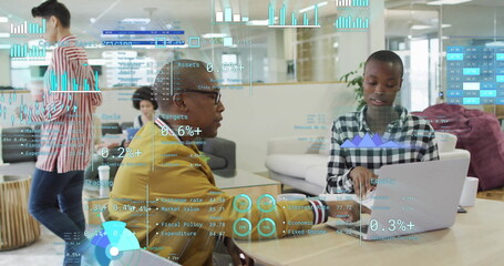 Image of financial data processing over diverse business people in office