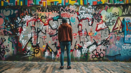 Fototapeta premium A man stands in front of a wall covered in graffiti
