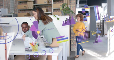 Image of financial data processing over diverse business people in office