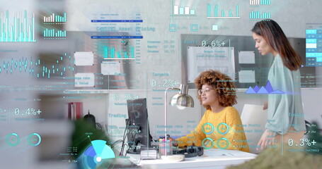 Image of financial data processing over diverse business people in office