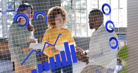 Image of financial data processing over diverse business people in office