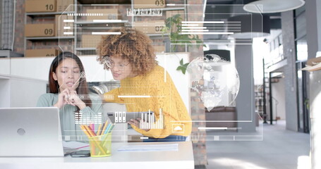 Image of financial data processing over diverse business people in office