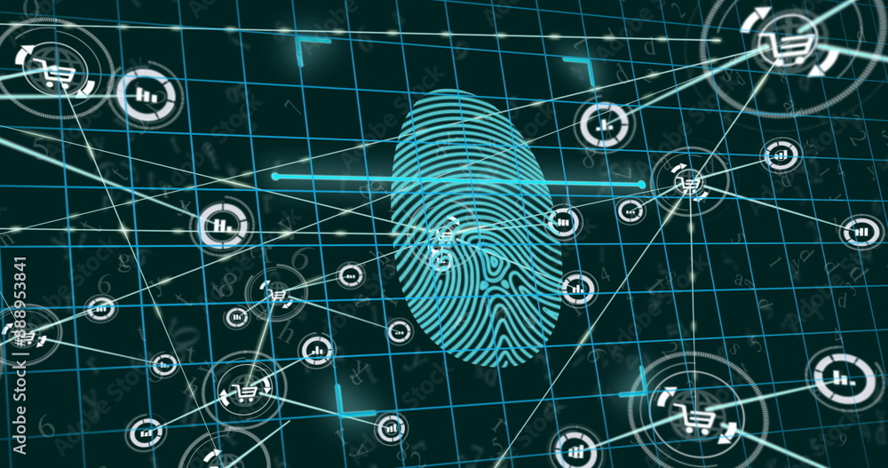 Poster image of biometric fingerprint, network of connections with icons and data processing