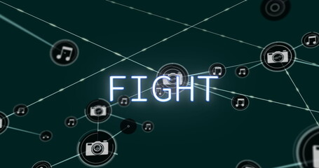 Obraz premium Image of fight text, network of connections with icons and data processing