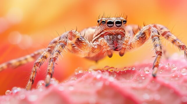 Webspinner bouncing on a solid apricot background   159 spider, insect, macro, animal, arachnid, nature, isolated, white, bug, brown, jumping, predator, wildlife, closeup, arachnophobia, web, eyes, ph