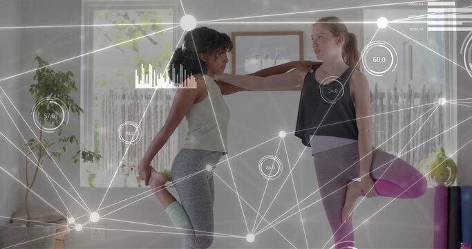 Image of communication network and data processing over diverse teenage girls practicing yoga