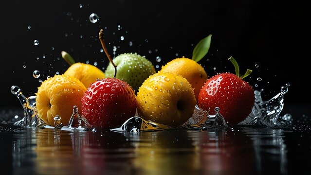 Default Bunch of aggregate fruits on plain black background with water splash