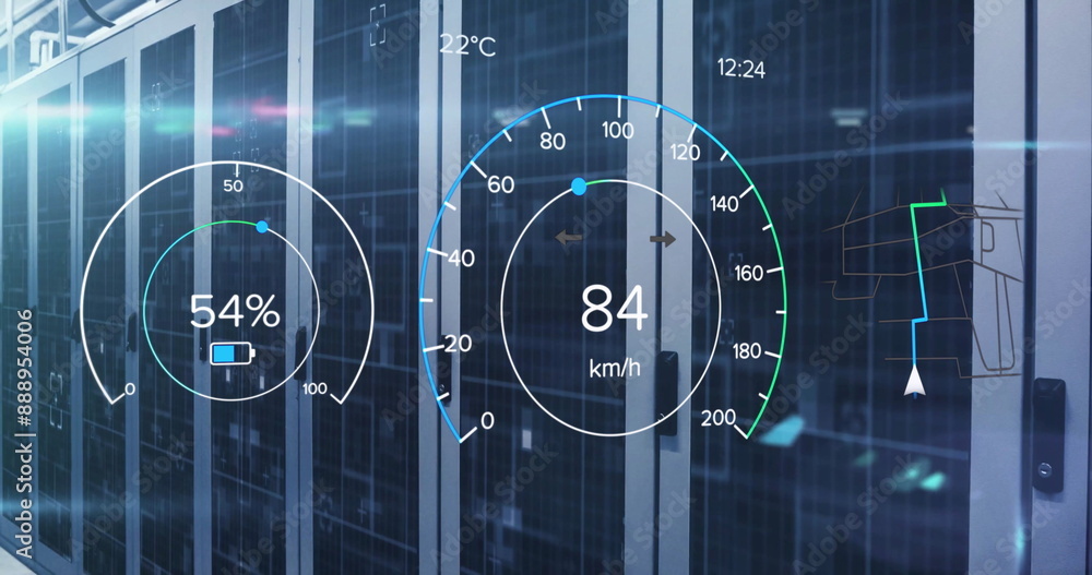 Aufkleber image of battery charge digital data processing over computer servers