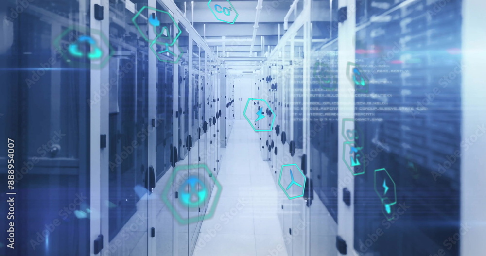 Poster image of eco icons and digital data processing over computer servers