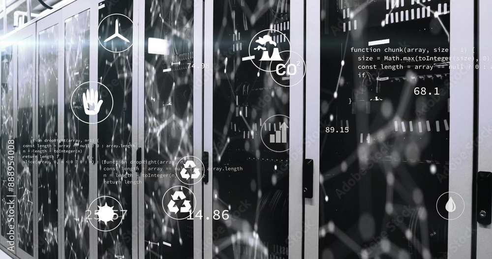 Poster image of eco icons and digital data processing over computer servers