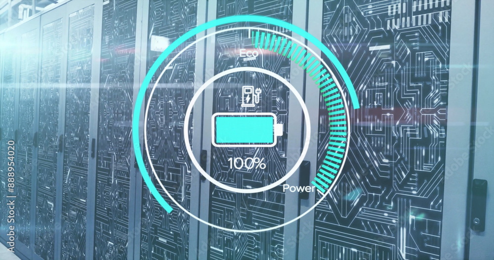 Poster image of battery charge digital data processing over computer servers