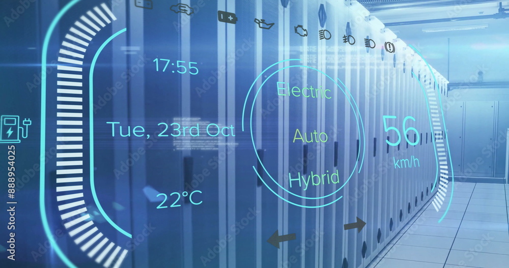 Poster image of electric car digital data processing over computer servers